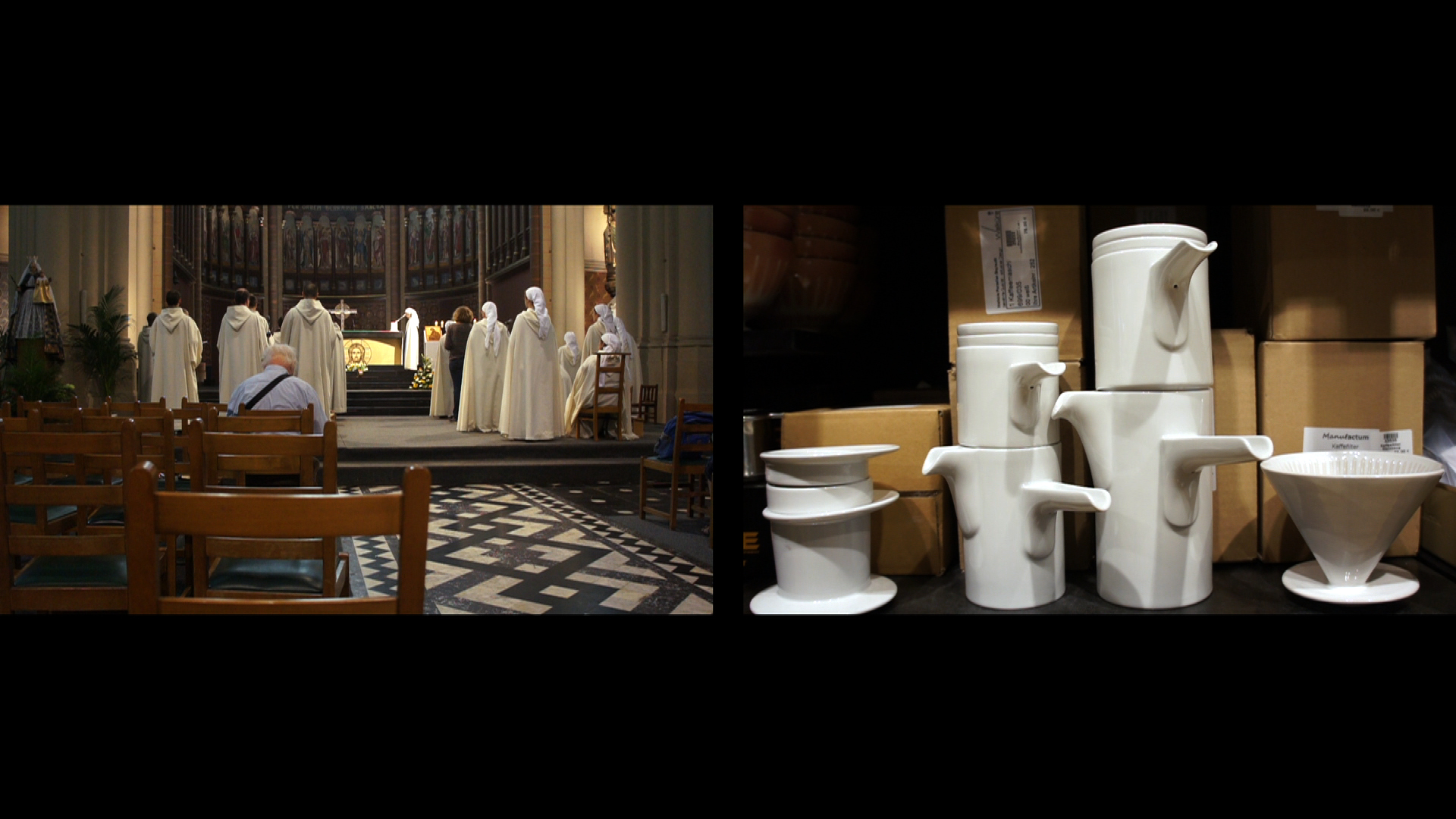 Two video stills sit horizontally side by side. On the left is a view taken in a traditional Catholic church or cathedral, taken from a church pew. The camera captures a series of white-gowned nun and monk figures facing the altar, with their back to the camera. In the front row, an older balding man in a blue shirt bows his head. On the right is a close up shot of a department store shelf, depicting expensive designer white porcelain jugs with minimalist handles and a coffee filter holder. The two images seem to mirror one another.