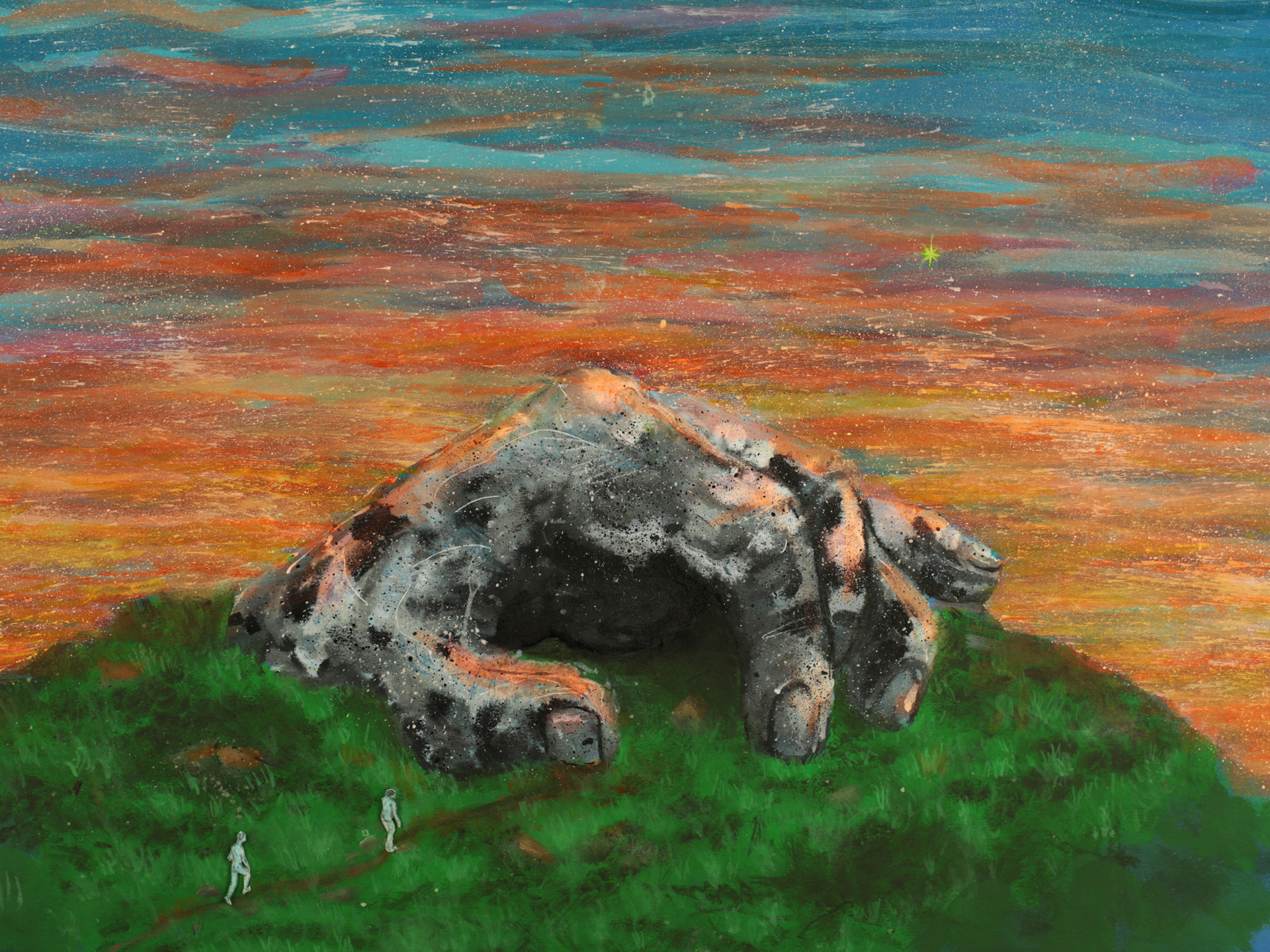 A pastel drawing of a grassy hill summit at sunset. The sky undulates from top to bottom: dark blue, light blue, red, purple, orange and yellow. A yellow star glitters in the distance. In the foreground, the stony summit of the hill seems to form into the shape of a half-clenched human fist, with a darkened cave opening appearing in the centre of the rock. Two tiny human figures appear to approach the hilltop, walking in the direction of the cave opening.