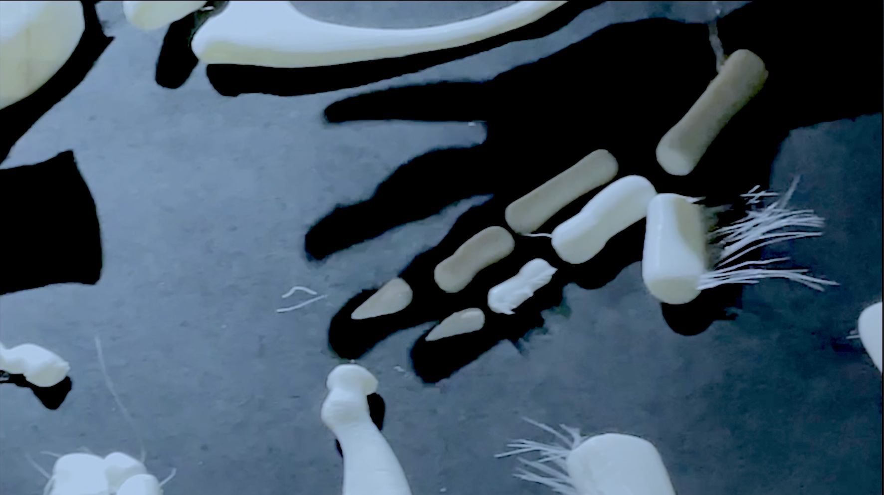 3-d printed bones lie on a grey-blue background, with an unseen hand hovering above and casting a shadow across the bones.